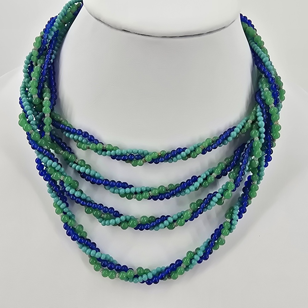 Vintage VENDOME Beaded Necklace Blue green four strand glass